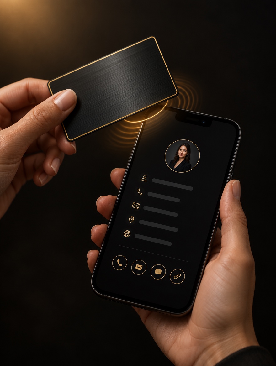 Prislanjanje metalne NFC kartice uz telefon - digitalni profil se otvara na ekranu
