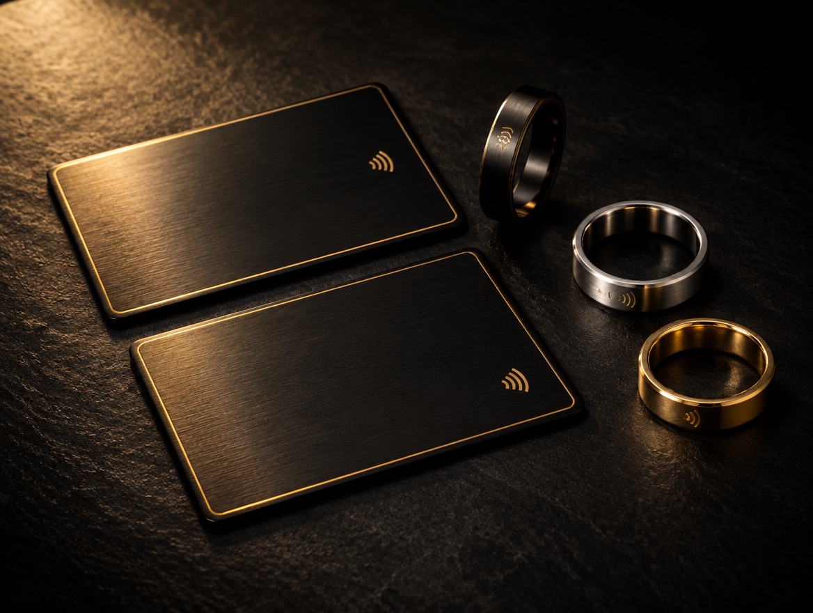 Crne metalne NFC vizit kartice sa zlatnom gravurom i titanijumski NFC prstenovi